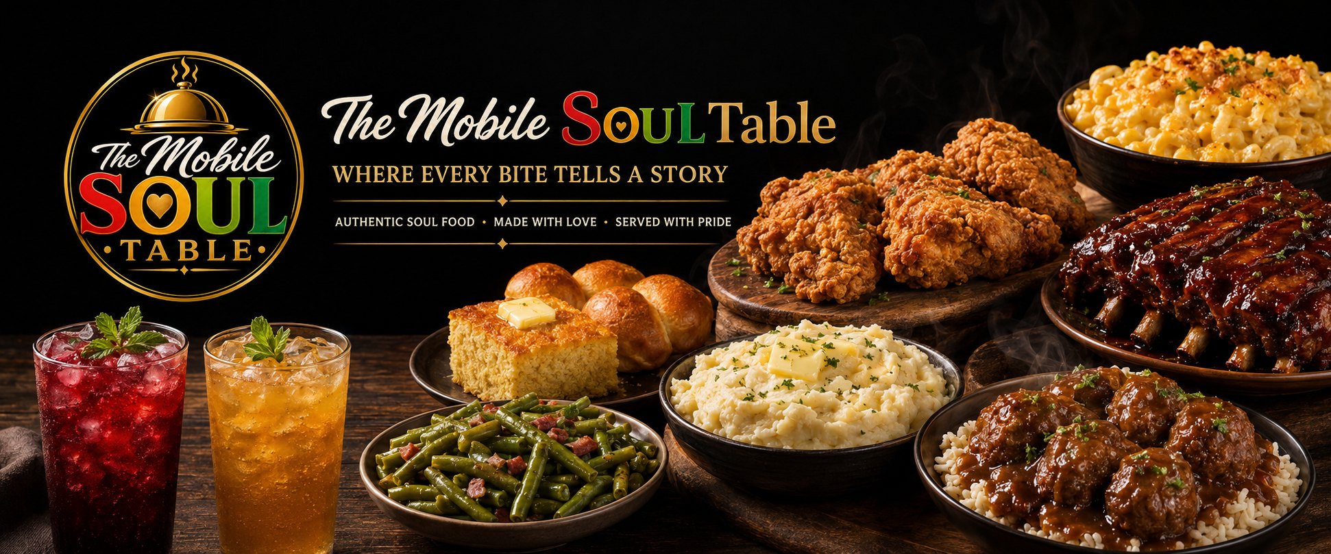 The Mobile Soul Table banner with barbecue ribs, fried chicken, Southern sides and house drinks