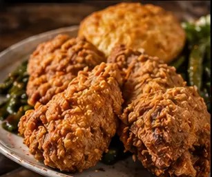 Skillet fried chicken plate with cornbread and green beans from The Mobile Soul Table