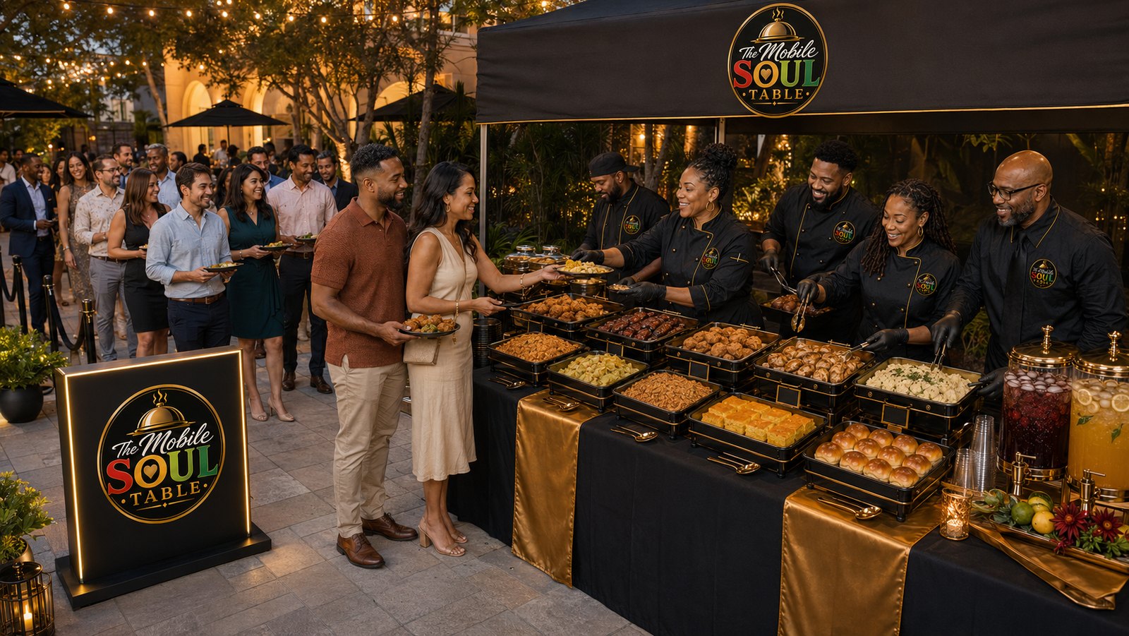 The Mobile Soul Table team serving guests from a branded pop-up buffet line at an outdoor Arizona event