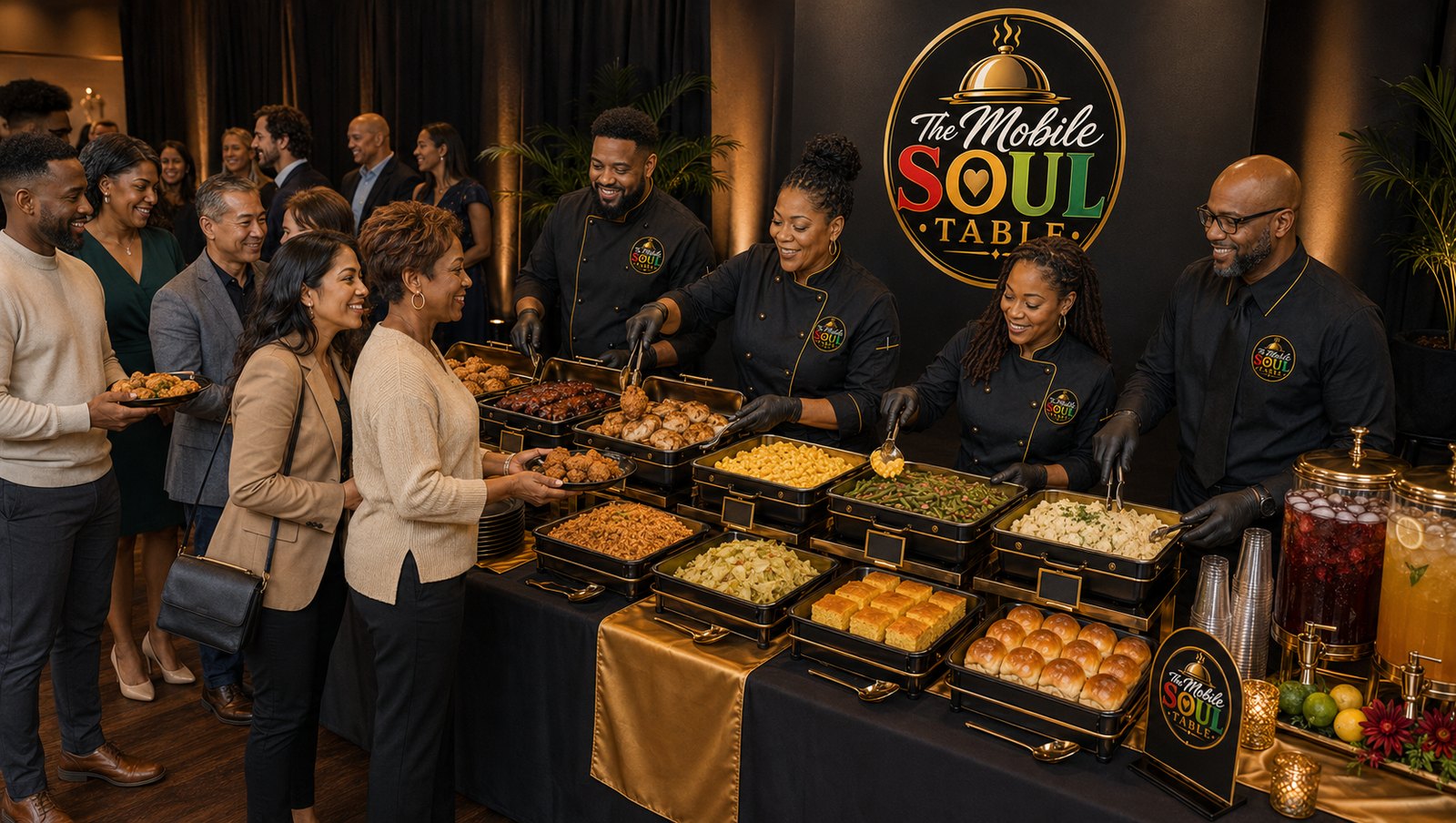 Catered soul food buffet with gold table runners being served to guests at a private event