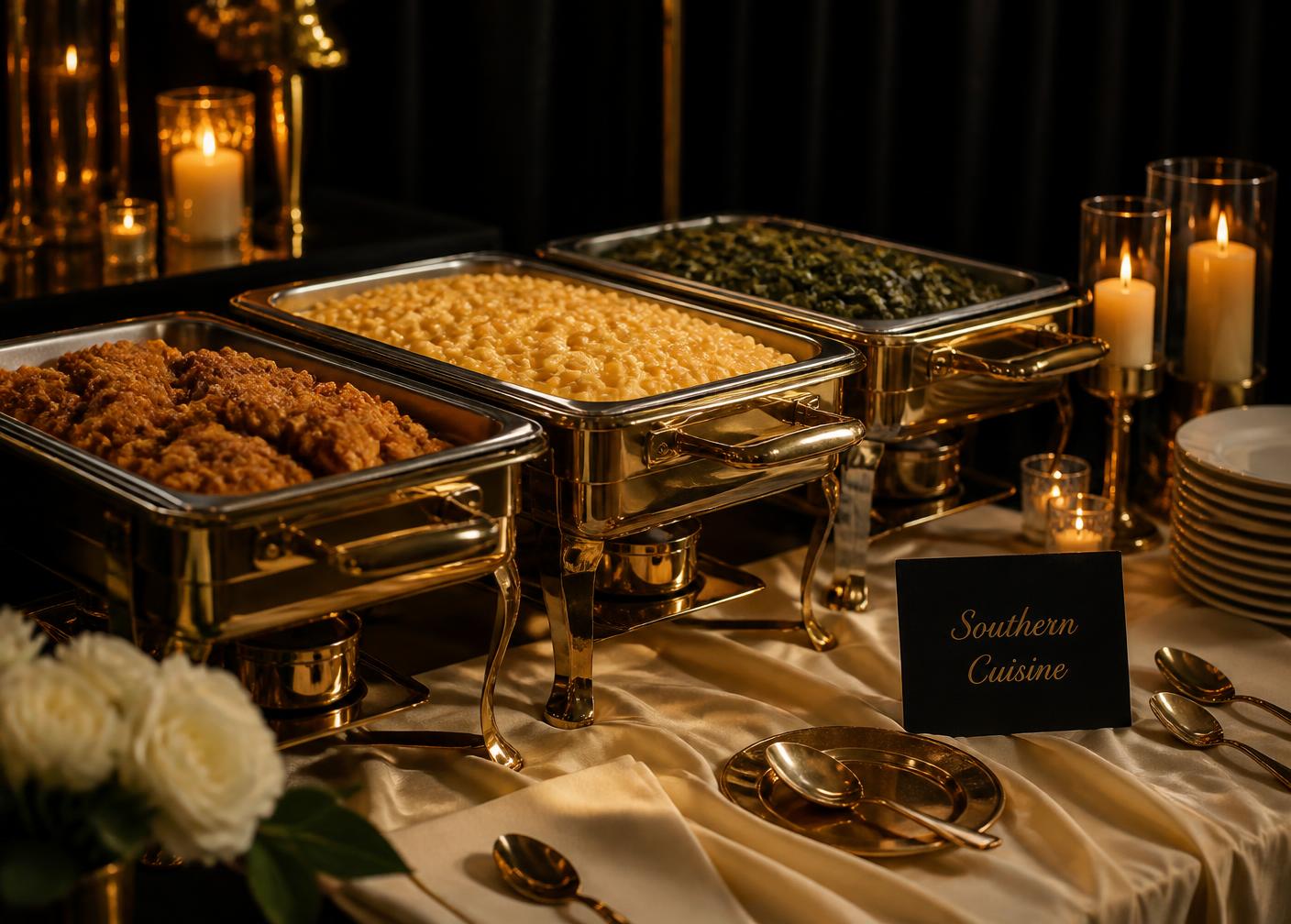 Elegant Southern catering display with candlelight